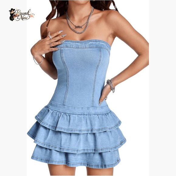 Dresses & Skirts - Strapless Denim Mini Dress with Layered Ruffles, Slim Fit Casual Summer